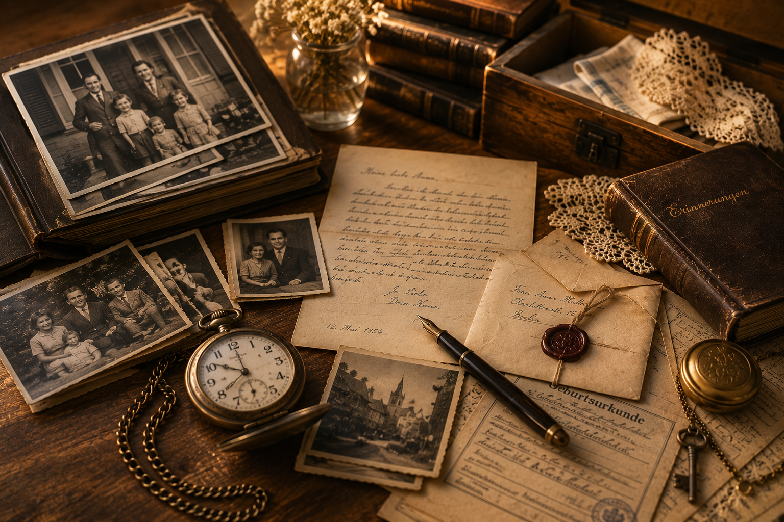 Alte Familienfotos, handgeschriebene Briefe, eine Taschenuhr und persönliche Erinnerungsstücke auf einem Holztisch