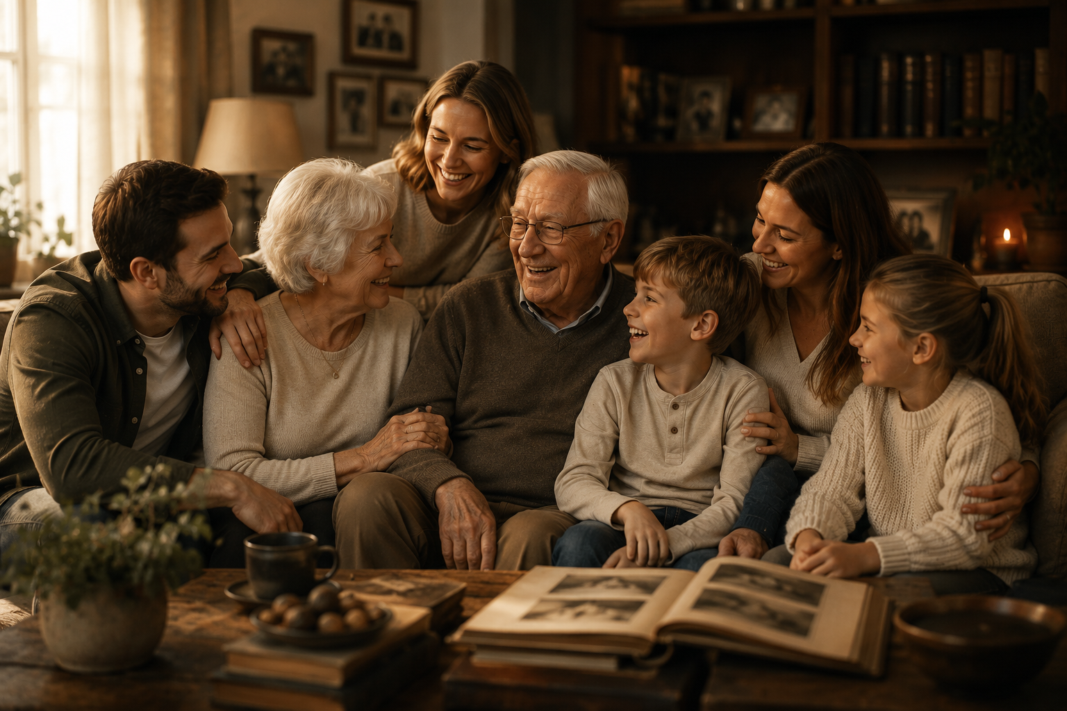 Mehrere Generationen einer Familie sitzen lachend zusammen und betrachten ein altes Fotoalbum