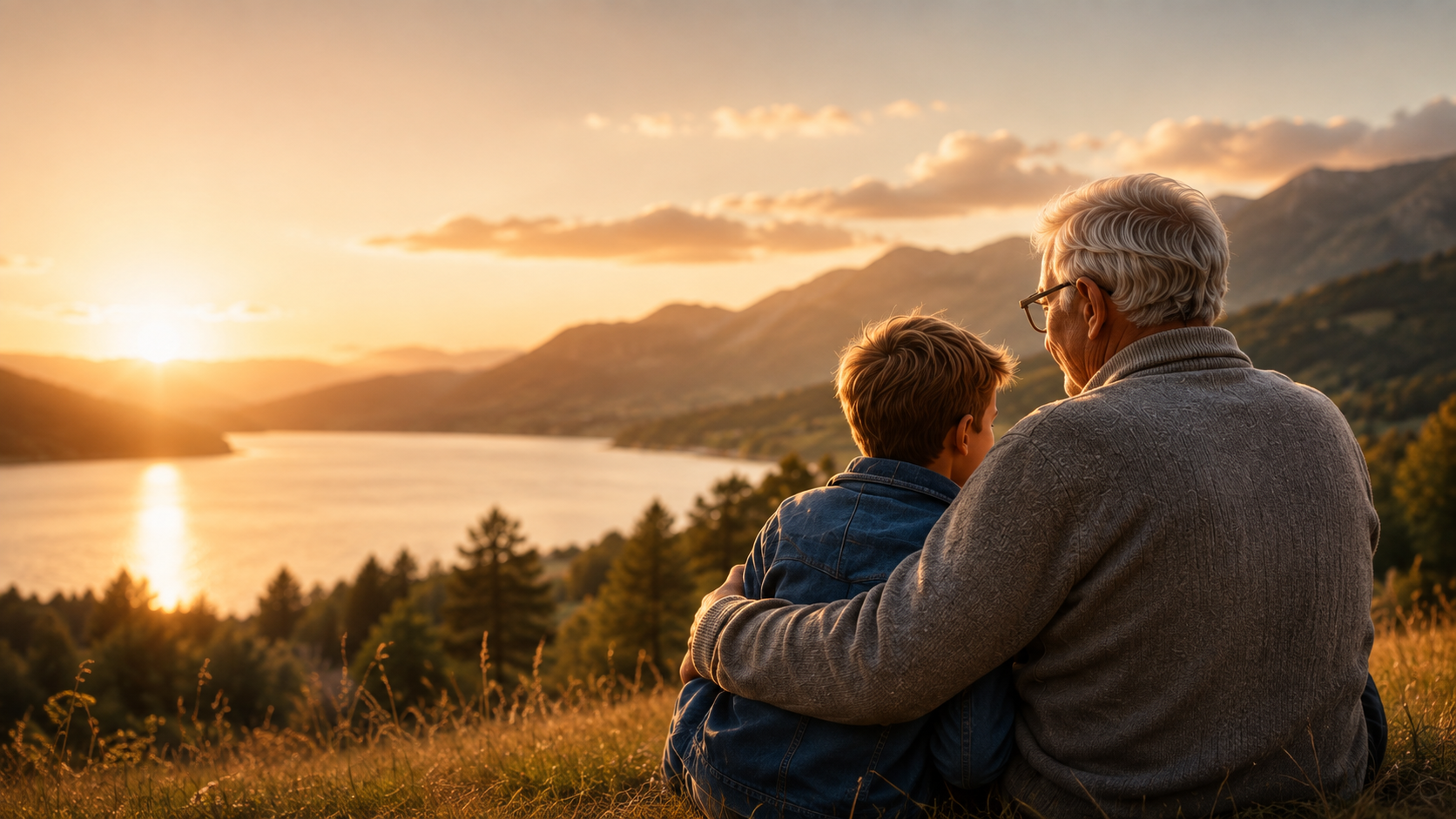 Großvater und Enkel sitzen von hinten am See und blicken gemeinsam in den Sonnenuntergang