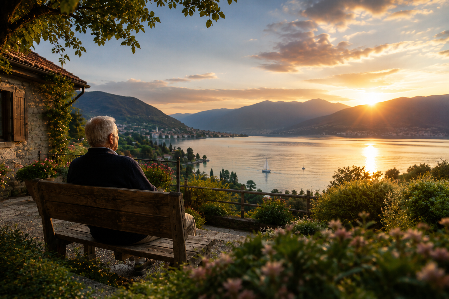 Älterer Mann sitzt auf einer Bank und blickt über einen See auf die Berge im Abendlicht