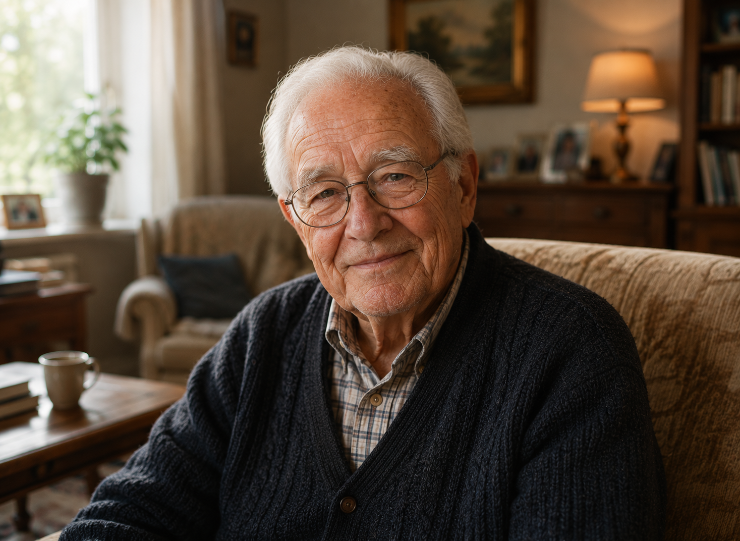 Älterer Mann mit Brille lächelt in seinem Wohnzimmer